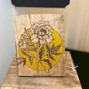 Floral Carnation Woodburnec Wall Art with Yellow Circle